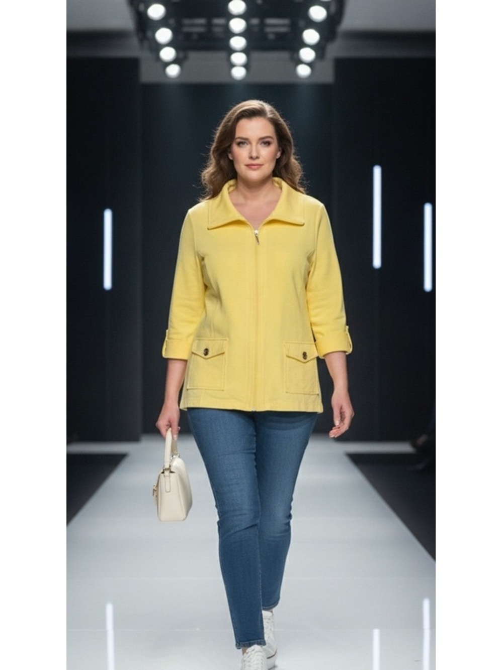 Karen Scott soft 3/4 sleeve jacket yellow pocketed with silver button